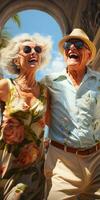 Cheerful elderly couple dancing. Grandmother and grandfather. Generative AI photo