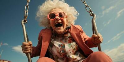 Cheerful and happy Grandmother rides on a swing. Generative AI photo