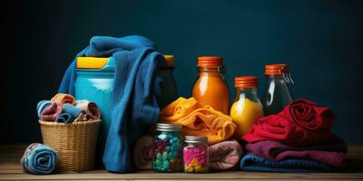 clean towels and detergents on the table. Generative AI photo