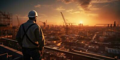 un hombre en un construcción casco en contra el fondo de edificio debajo construcción. generativo ai foto