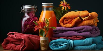 de colores toallas y tela suavizante, lavandería detergentes generativo ai foto