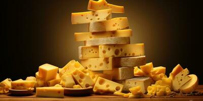 Big mountains of fresh yellow cheese. Lots of different cheeses. Generative AI photo