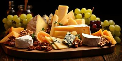 various cheeses and fruits on wooden table, appetizing snacks. Generative AI photo