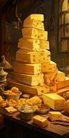 Big mountains of fresh yellow cheese. Lots of different cheeses. Generative AI photo