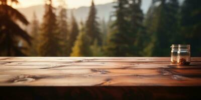 Wooden table on background of a spruce forest. Natural wooden background. Generative AI photo