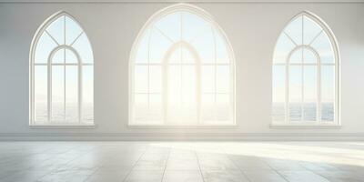 Large beautiful windows in white room. Generative AI photo