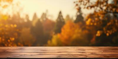 wooden table against the backdrop of an autumn forest, space for text. Generative AI photo