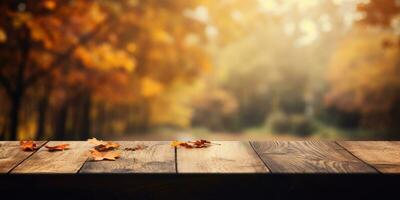 wooden table against the backdrop of an autumn forest, space for text. Generative AI photo