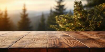 Wooden table on background of a spruce forest. Natural wooden background. Generative AI photo