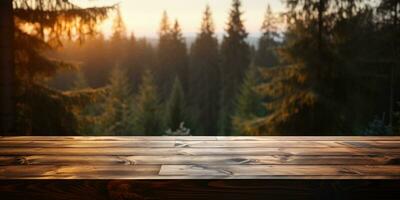 Wooden table on background of a spruce forest. Natural wooden background. Generative AI photo