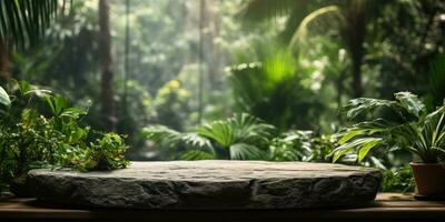 Stone background beauty products, scene with green leaves. Generative AI photo