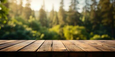 Wooden tabletop advertise your products. Blurred background of a beautiful forest. Generative AI photo