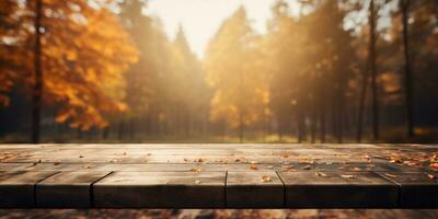 wooden table against the backdrop of an autumn forest, space for text. Generative AI photo