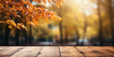 de madera mesa en contra el fondo de un otoño bosque, espacio para texto. generativo ai foto