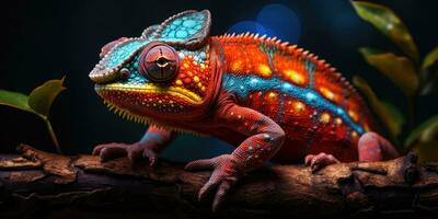 A cute red chameleon with blue spots sits on a branch. Generative AI photo