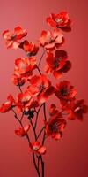 Flowering branch with red flowers on a red background, for a poster or postcard. Generative AI photo