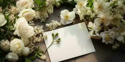 flowers and leaves with paper card, top view, nature concept. Generative AI photo