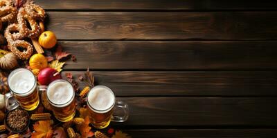 Pumpkins, autumn leaves, beer mug on wooden board. Background for Oktoberfest. Generative AI photo