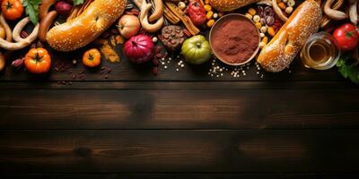 Bavarian pretzels, and a beer mug on wooden board. Background for Oktoberfest. Generative AI photo