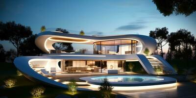 modern eco house with swimming pool and a lot of greenery around. Evening photo. Generative AI photo