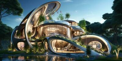 Futuristic eco building design, city the future. Generative AI photo