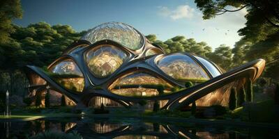 Futuristic eco building design, city the future. Generative AI photo