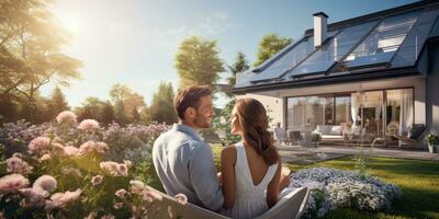 A family is looking at their new home with solar panels on the roof. Good energy. Generative AI photo