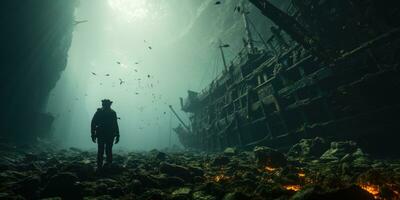 A photo of a mysterious underwater world, diver and a sunken ship. Generative AI