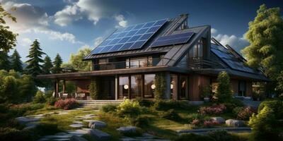 Realistic design of a modern house with solar panels the roof. Green energy. Generative AI photo