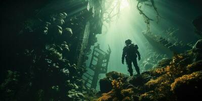 A photo of a mysterious underwater world, diver and a sunken ship. Generative AI