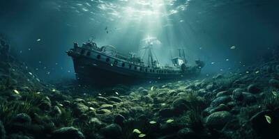 A beautiful photograph of a sunken ship, photo of the underwater world. Generative AI