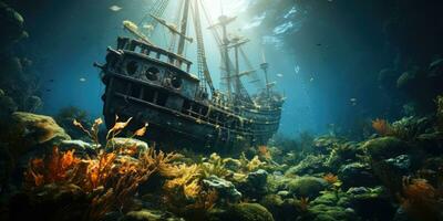 A beautiful photograph of a sunken ship, photo of the underwater world. Generative AI