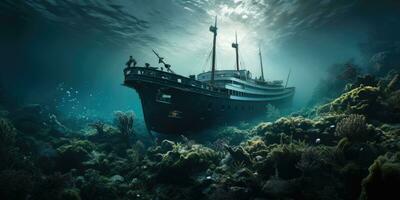 A photo of a mysterious underwater world, a sunken ship. Generative AI