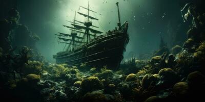 A photo of a mysterious underwater world, a sunken ship. Generative AI