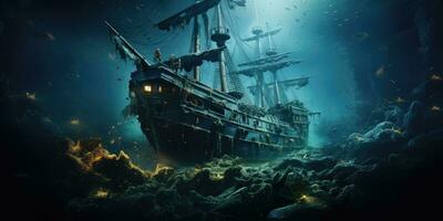 A beautiful photograph of a sunken ship, photo of the underwater world. Generative AI