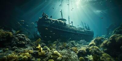 A beautiful photograph of a sunken ship, photo of the underwater world. Generative AI