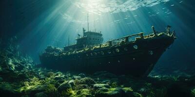 A photo of a mysterious underwater world, a sunken ship. Generative AI