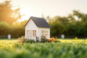 a quaint white house surrounded by an idyllic field photo