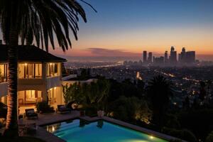 A modern house with a stunning swimming pool overlooking the city skyline photo