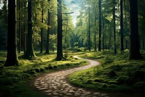 un sereno bosque camino rodeado por vibrante verdor foto
