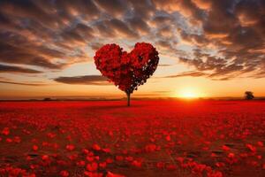 un en forma de corazon árbol en pie solo en un sereno campo foto