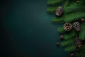 Pine cones and pine needles on a dark green background photo