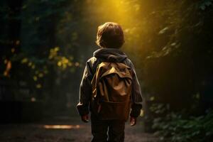 a young boy exploring nature in the forest photo