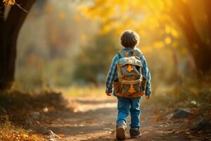 a young boy walking down a scenic path with a backpack photo