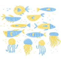 Set of Sea Creatures with Hand Drawn Marker Style vector