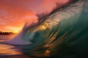 a breathtaking sunset with a massive wave crashing in the ocean photo