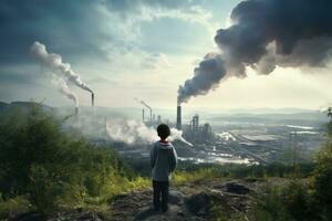 a person overlooking industrial smoke stacks from a hilltop photo