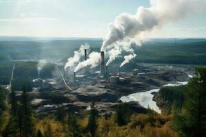 a industrial factory emitting smoke from its chimneys photo