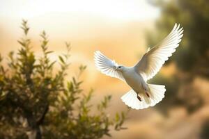 A majestic bird soaring above a lush forest landscape photo