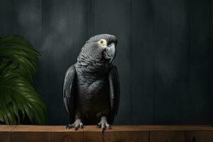 a colorful parrot perched on a wooden ledge next to a lush green plant photo